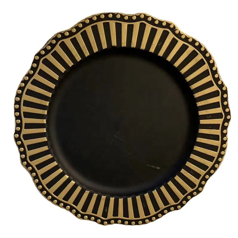 new design black and gold plastic charger plates glitter for wedding event