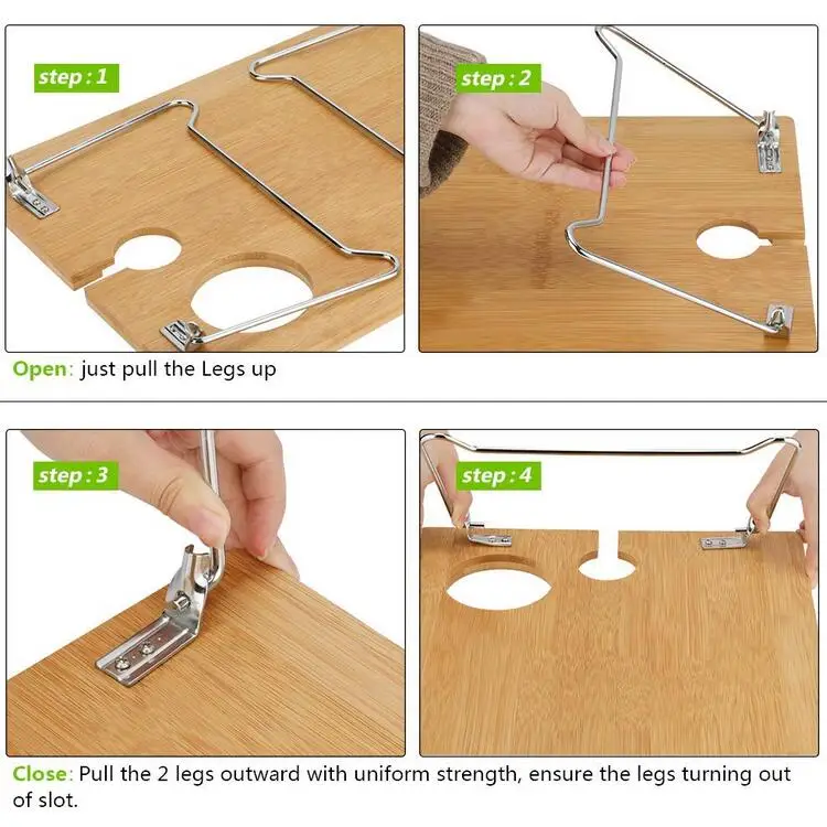 Portable folding legs bamboo breakfast bed table snack tray with wine bottle glass holder for outdoor picnic beach park