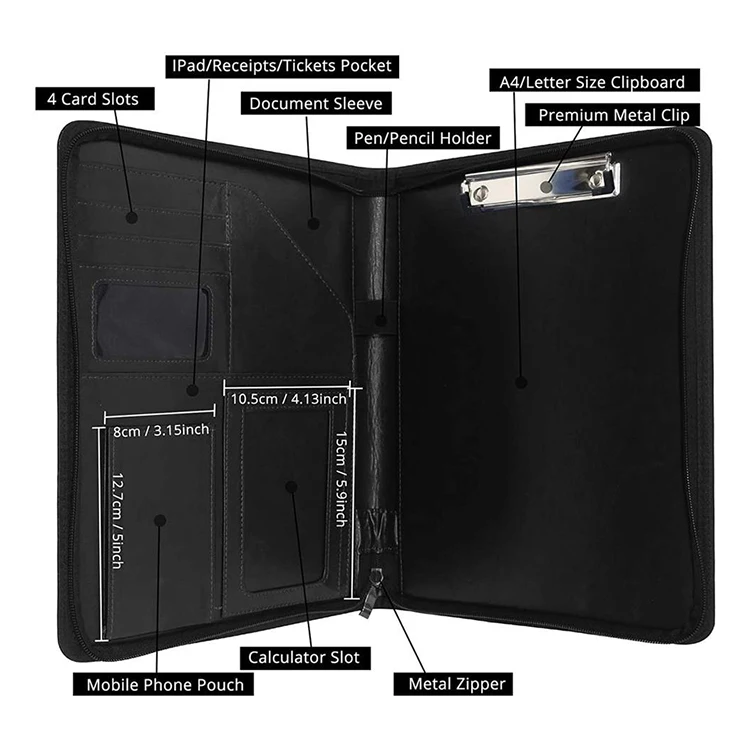 PU Leather Document Folder, Business Conference Portfolio bag zippered portfolio