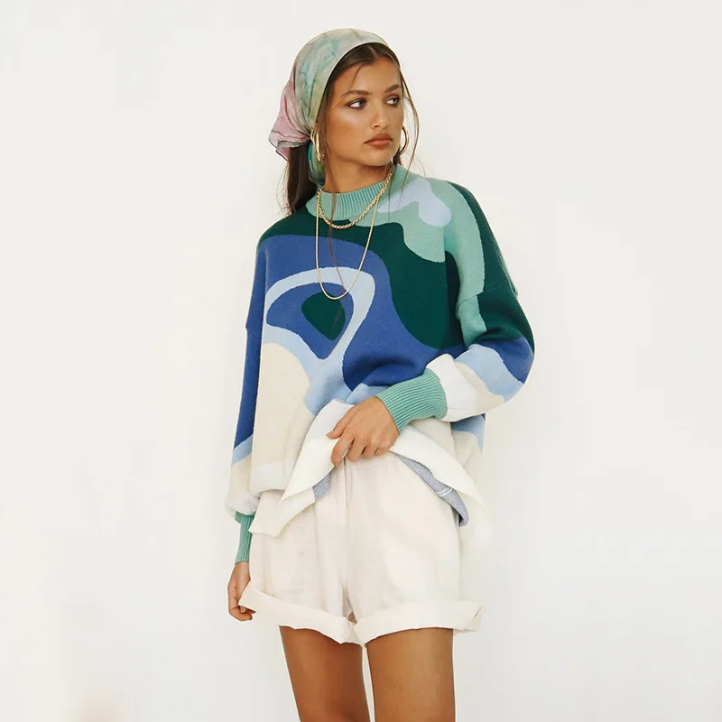 Competitive Price 2021 Autumn Winter  Women Lazy Preppy Crew Neck  Loose Knit Pullover Sweater  Manufacturer From China