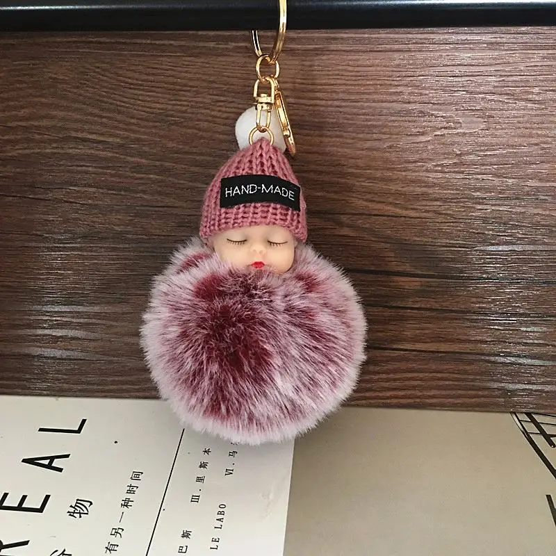 Cute Cartoon Sleeping Doll Keychain Fur Ball Plush KeyChain Keyring Women Handbag Car Key Holder Bag Pendant Toys for Kids Gift
