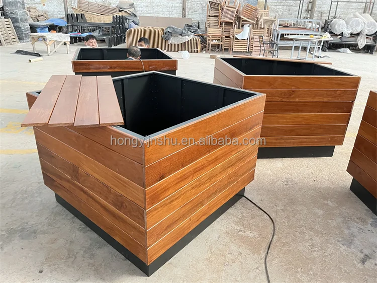 Customized Rectangular Solid Wood Flower Planter Pot Stainless Steel Moving Plant Box for Street Public