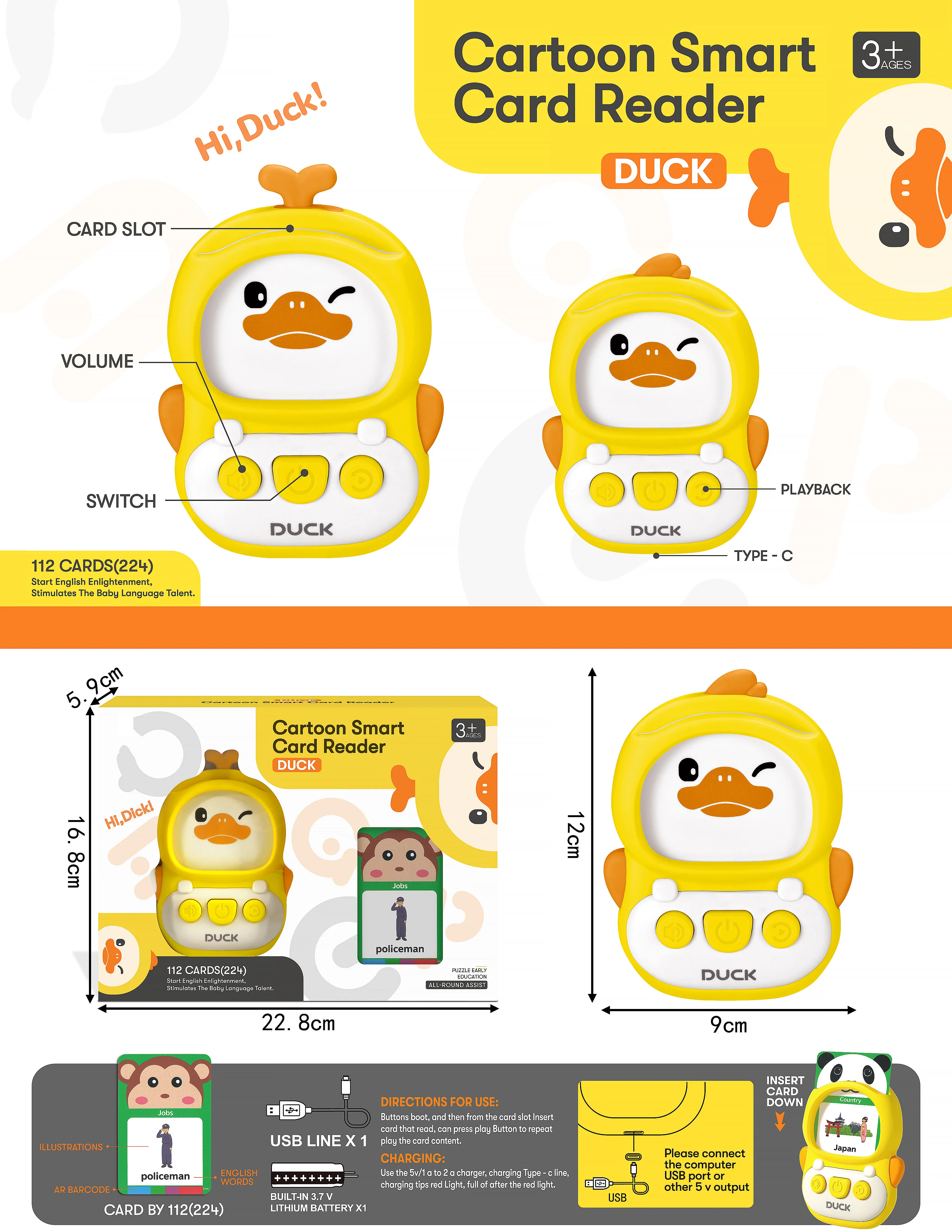 Little cute duck card early education toys automatic broadcast reading machine  with 112 double-sided English cards for kids