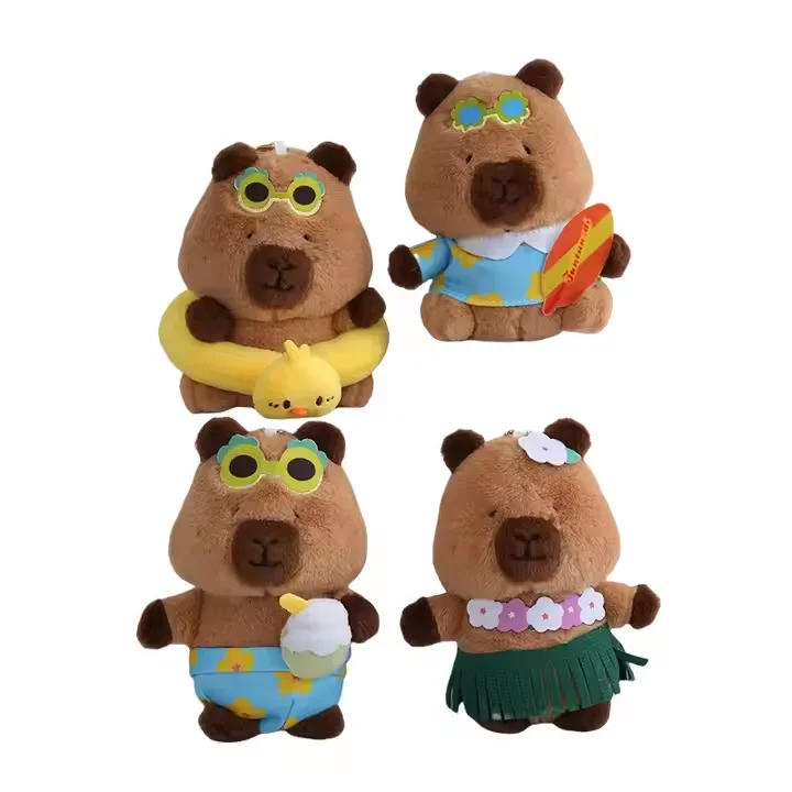 13cm Summer Hawaiian Stuffed Animal Toy Capybara Plush Keychains Toys Swimming ring Skateboard Doll Key Chains Capybara Keychain