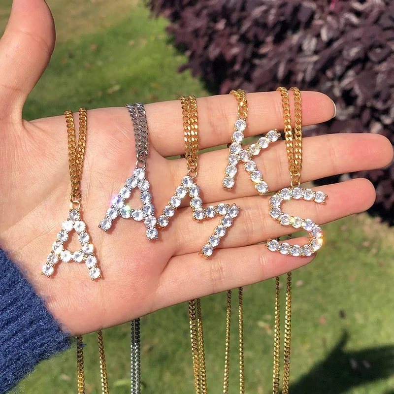 Hot Sale  Chain Necklace Ice Out Letter Statement Zircon Initial Necklace