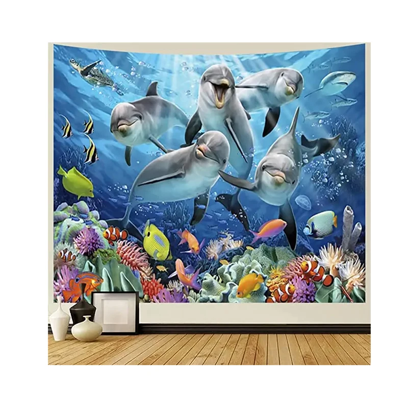 Bedroom Living Room Dorm Decoration Digital Printed 100D Polyester Cute Ocean Dolphin Tapestry