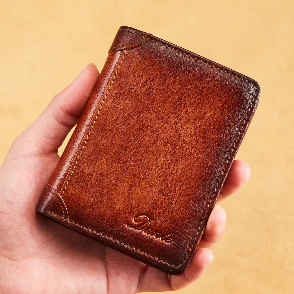Custom Full Grain Vegetable Tanned Leather Trifold Men RFID Wallet with Sim Card Slot