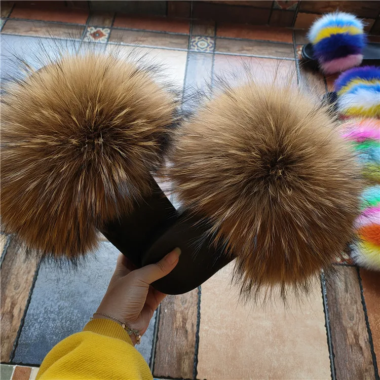 Factory wholesale Fashion Fox Fur Slides Slippers Custom Real Mink Fur Raccoon Fur Sandals woman shoes