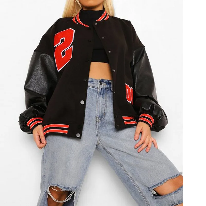 2021 Fall Women Casual Sporty Cotton Stylish Letter Embroidery Black Patchwork Long Sleeve Jackets Baseball Coat Leather Coats