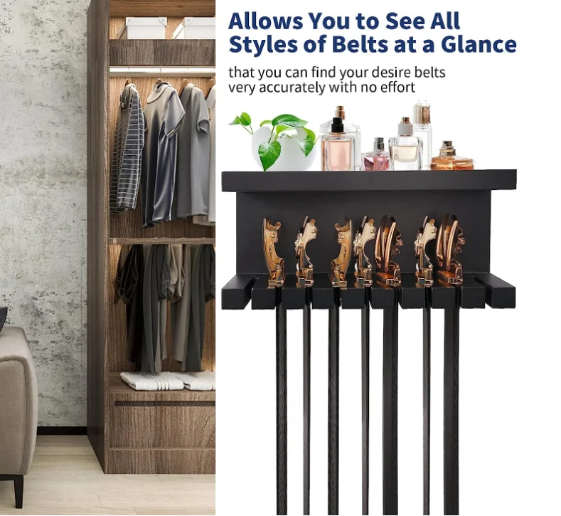 2024 Double Shelving Platform Universal Holder Closet Rack Men Women Black Wood Belt Wall Mounts Organizer Wooden Belt Storage Hanger
