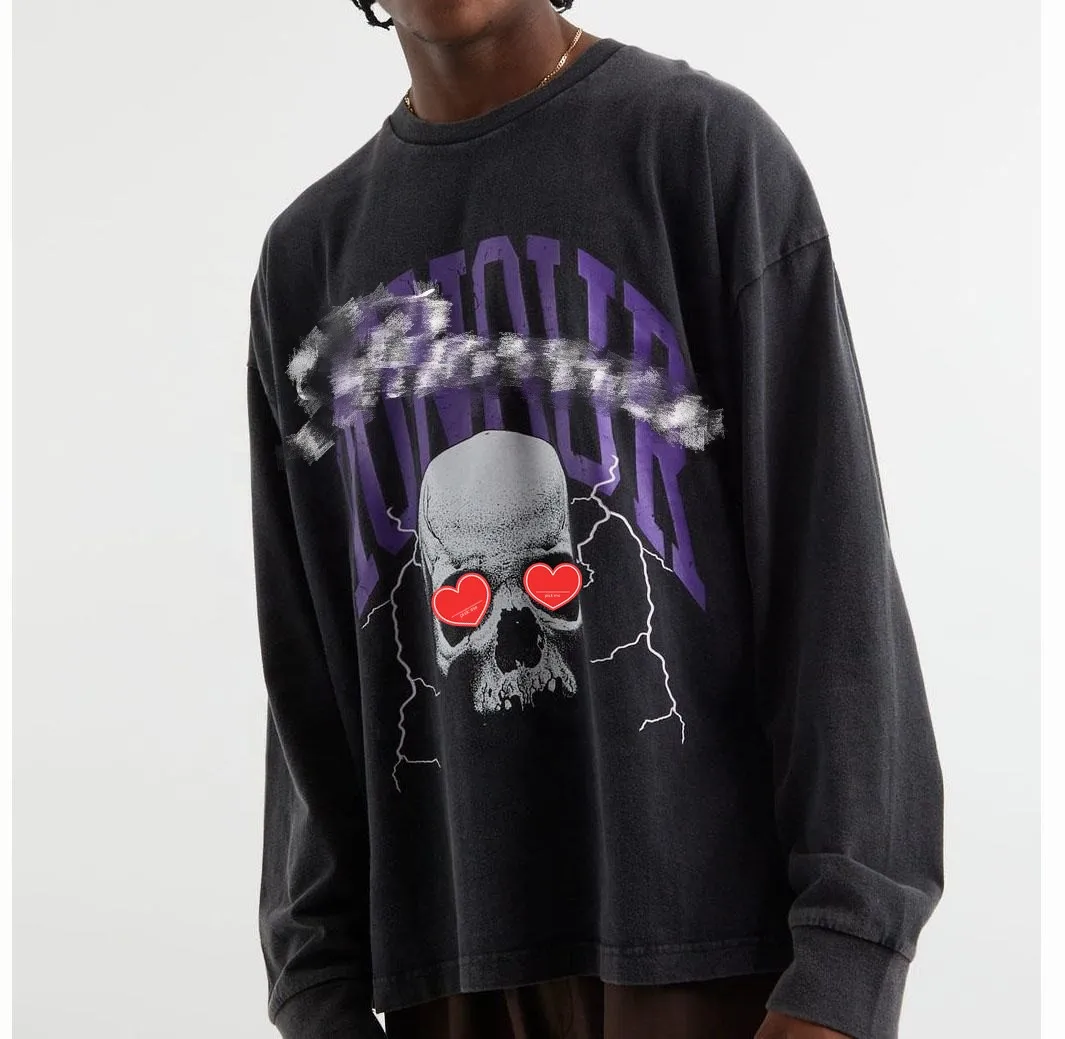 Custom Vintage High Quality 100% Cotton 250gsm Black Screen Printing Oversized Long Sleeve T Shirt For Men