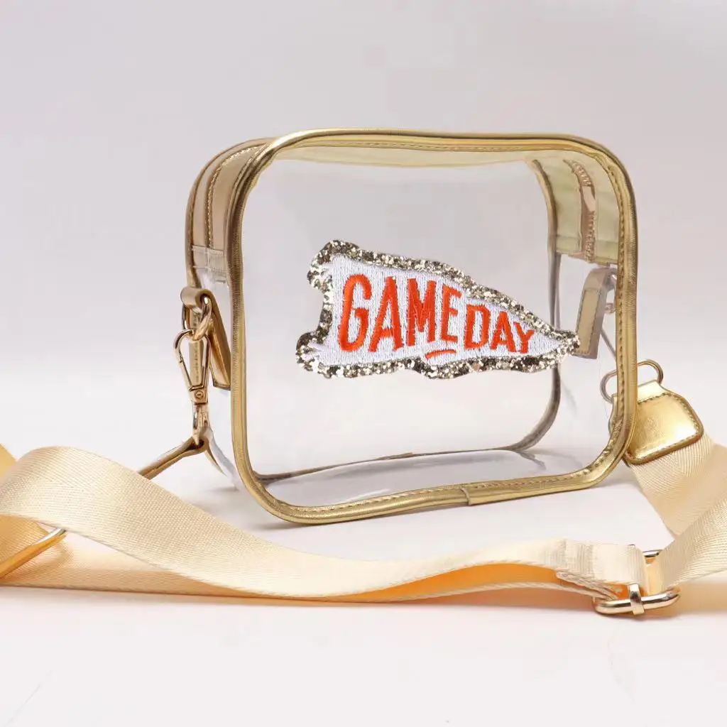 Newest 11 Color Clean Stadium Bag Transparent See Through Concert Purse Chenille Letter Patch Customized Clear Pvc Game Day Bag