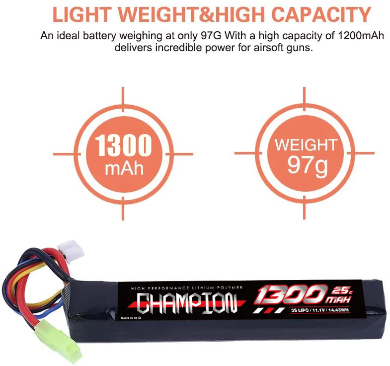 CHAMPION Factory Price Wholesale 1300mAh 25C 3S 11.1V Rechargeable Lithium Battery Pack for Airsoft Gun Battery