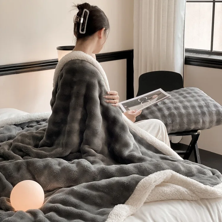 Double thick warm bubble rabbit fleece blanket