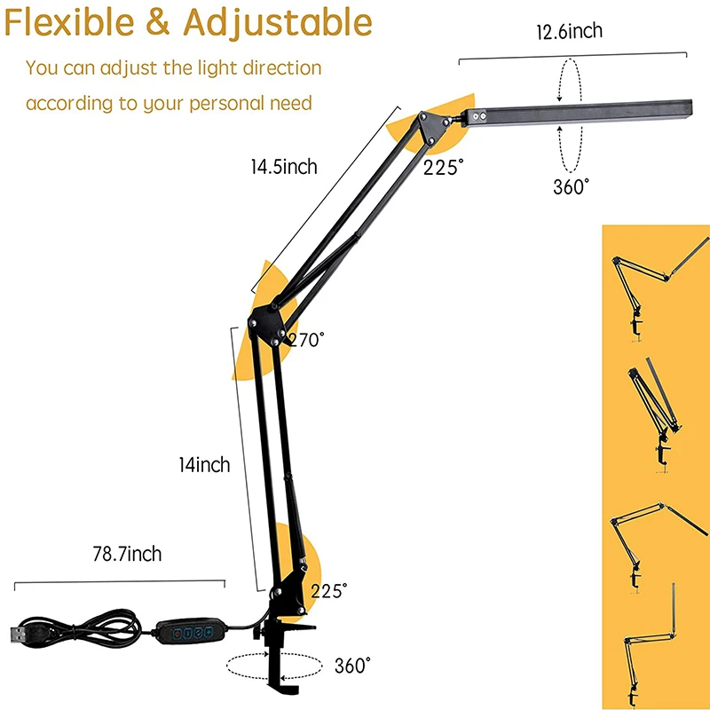 LED Desk Lamp with Clamp USB Clip-on Table Lamp Eye-Care Dimmable Reading Light Swing Arm Lamp Daylight Lamp