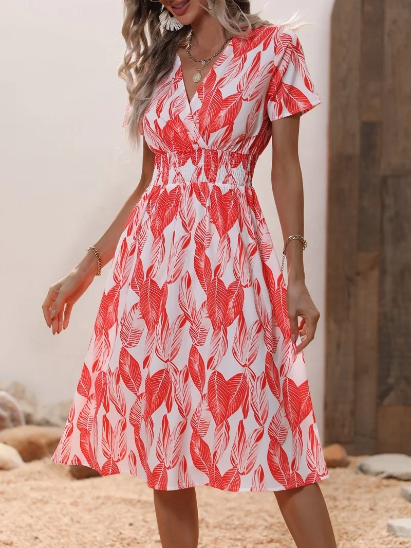 Summer Dresses for Women Beach Empire Waist Flowy Swing Midi Sun Dresses Short Sleeve V-Neck Leaves Print 2024 Casual Dress