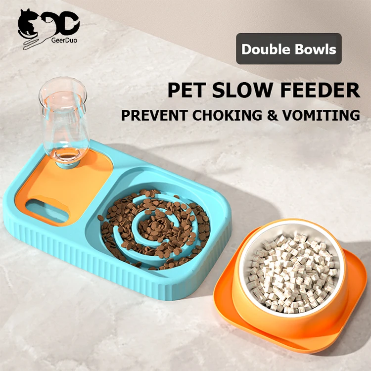 Geerduo Pet оптовая продажа новая многофункциональная миска 3 в 1 из нержавеющей стали для корма кошек и собак медленной подачи с бутылкой питья домашних животных