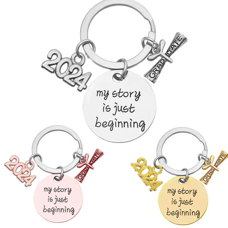 High quality bag pendants My story beginning class of 2024 graduates inspirational gift Stainless steel round engraved key chain