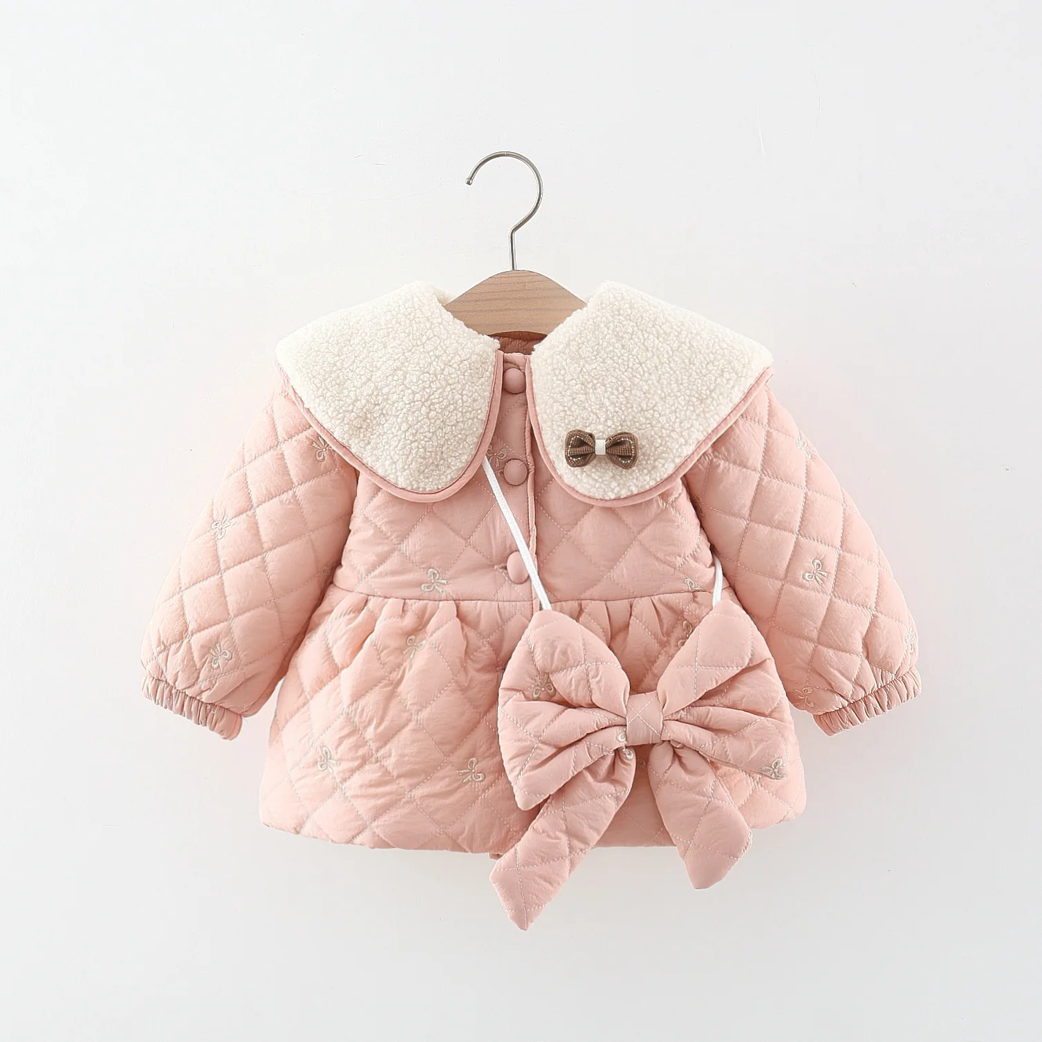 2023 winter clothing new quilted quilted girl cute plus fleece thickened small cotton-padded coat to send bow package
