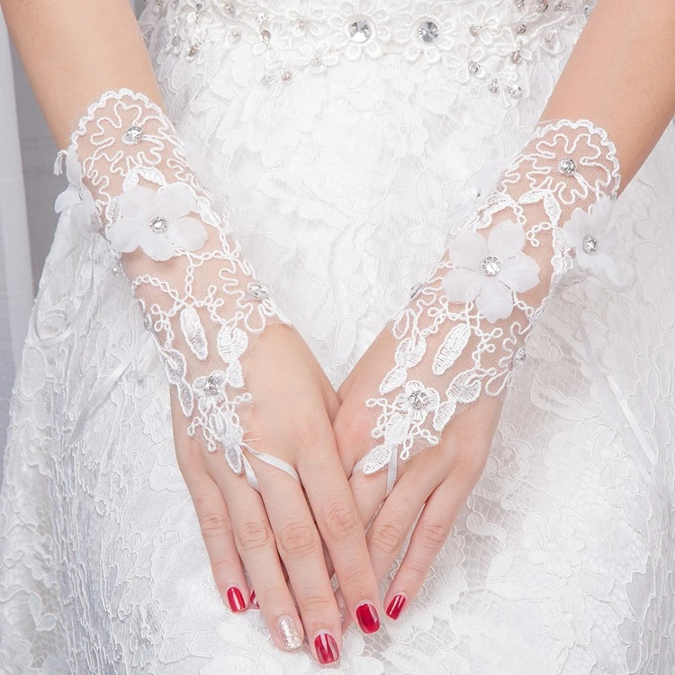 Luxury New bridal wedding dress gloves white handmade flowers hook finger pearl summer thin style gloves