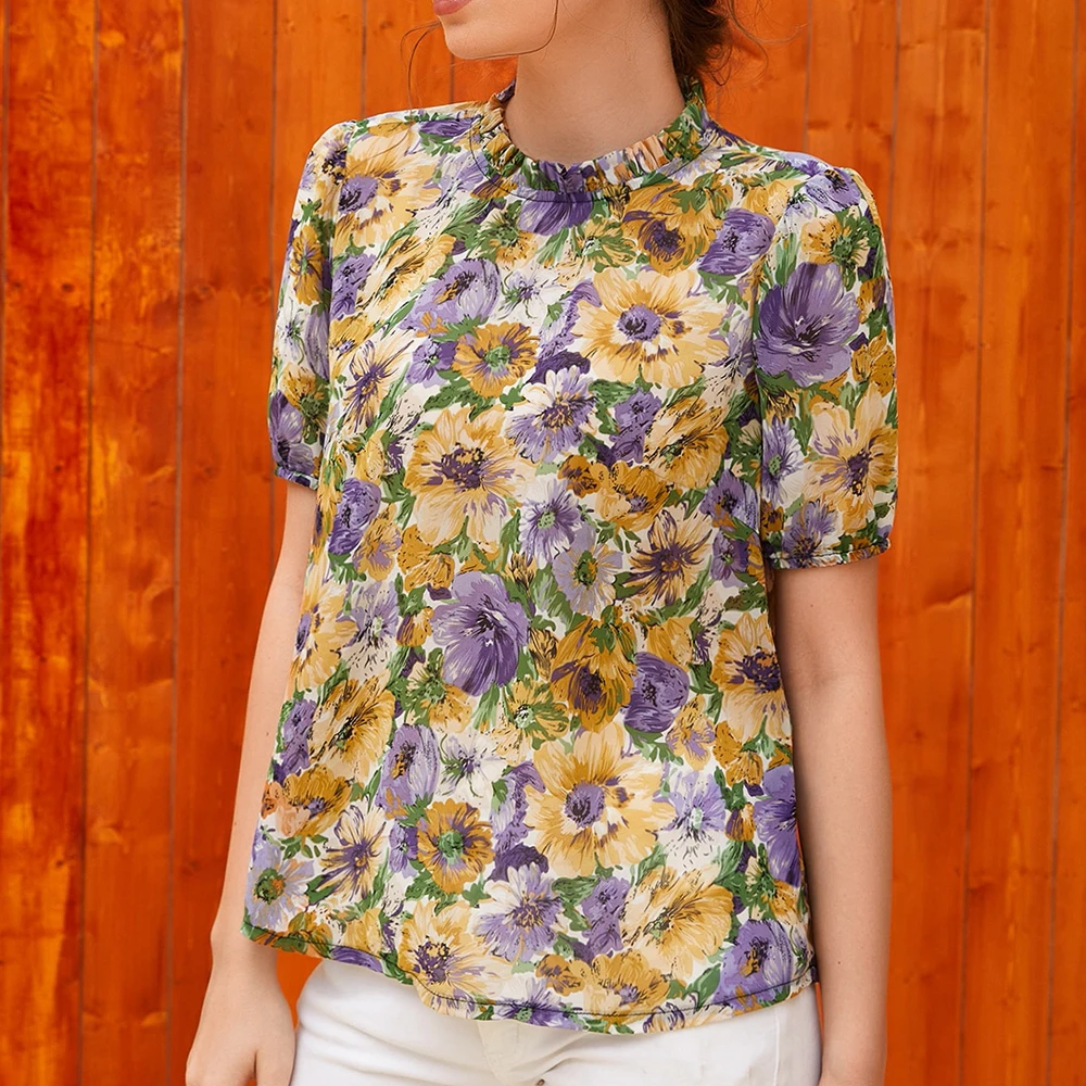 2023 Sunflower Floral  Print Round Neck Shirt Puff Sleeve Summer Casual Ruffles Woman Blouse