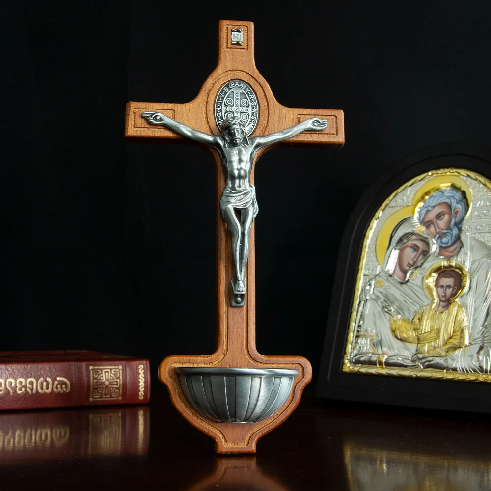 HT Wall Wooden Cross Catholic Cross Spiritual Religious Cross With Holy Water Cup Jesus Statue Church Ritual Home Decoration