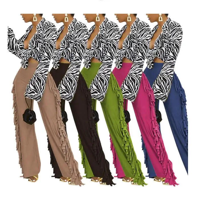 Ladies Mid Waist Casual Fashion Bell Bottom Tassels Wide Leg Trousers Fringe Fall Winter Sweat Boho Pants for Women