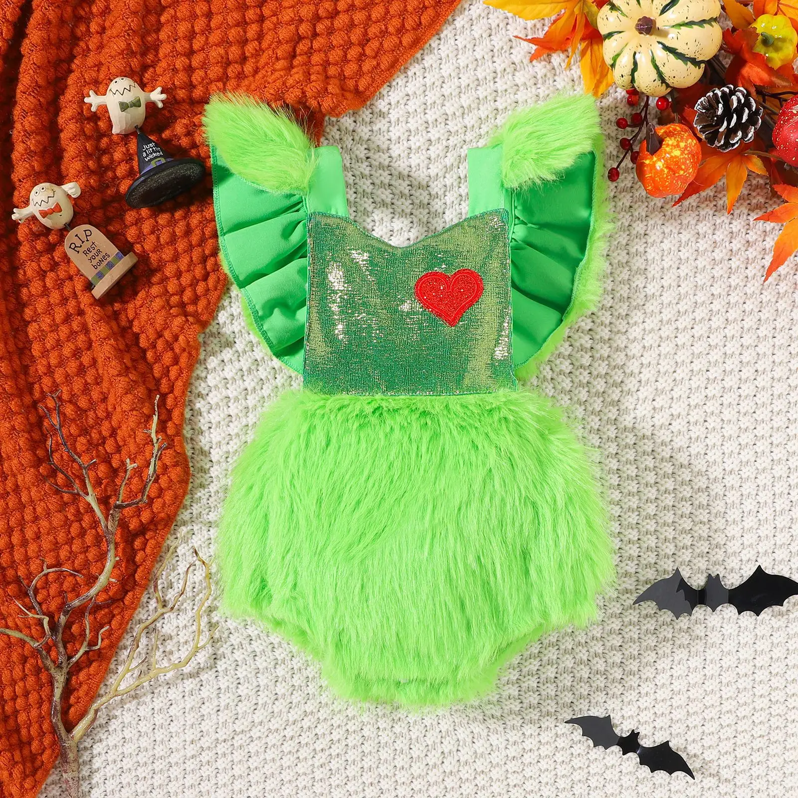 2023 Christmas Baby Girls Grinch Clothes Romper Green Plush Furry Fur Flutter Sleeve Backless Christmas Baby Girls Bubble Romper