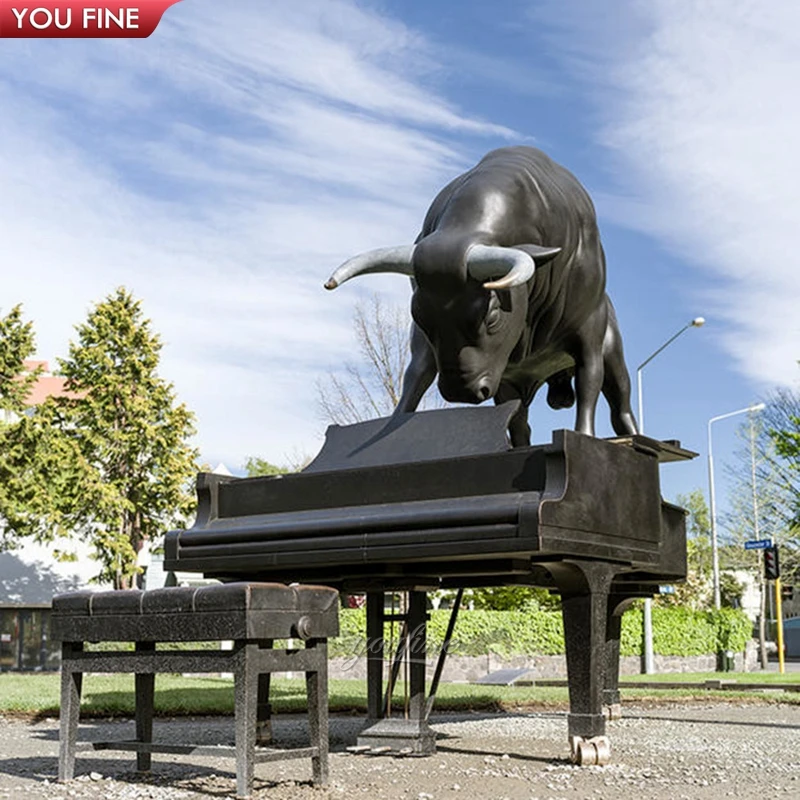 Outdoor City Square Large Bronze Bull and Piano Music Bronze Sculpture