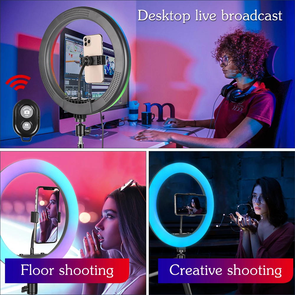 Wholesale price professional multicolor circle portable selfie stick studio phone desktop 12 inch rgb ring light