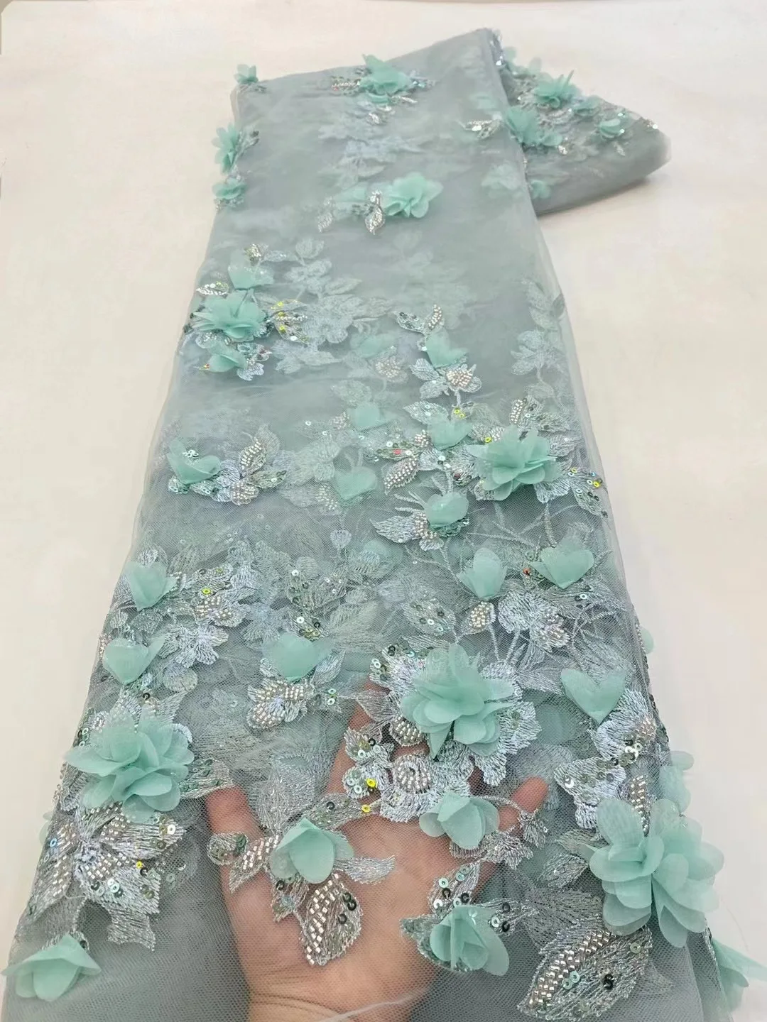 Three-dimensional Flower Dress Embroidered Fabric Fashion French Wedding Dress Bead Tube Lace Fabric