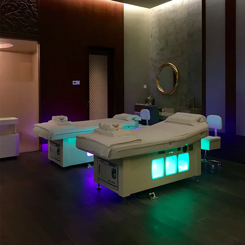 Luxury LED Electric Massage Facial Bed Adjustable Beauty Salon 2 Motors Vibration Music Heated Massage Bed