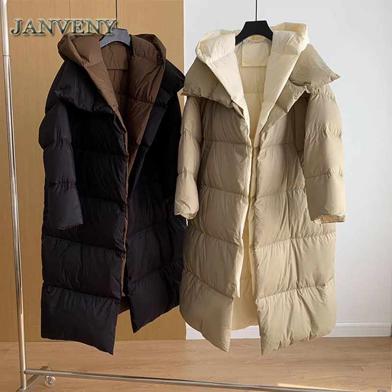 JANVENY 2023 New Winter Luxury Warm Hooded Patchwork Puffer Jacket Women Over The Knee Thicken Loose False Two Pieces Down Coat