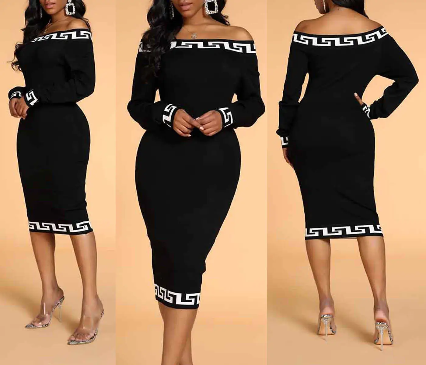 Wholesale 2023 Elegant Black Women Autumn Stand Casual Winter Off The Shoulder Knitting Bodycon Dress