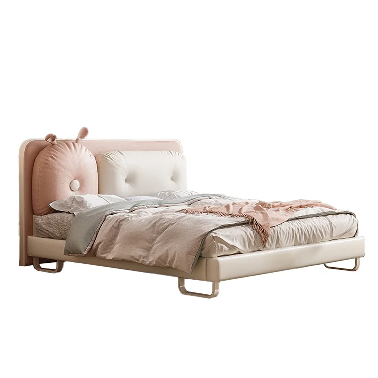 Good Quality Double Color Design Leather Material Kid Bed Room Solid Wood Frame Luxury Girls Soft Bag Back Safety