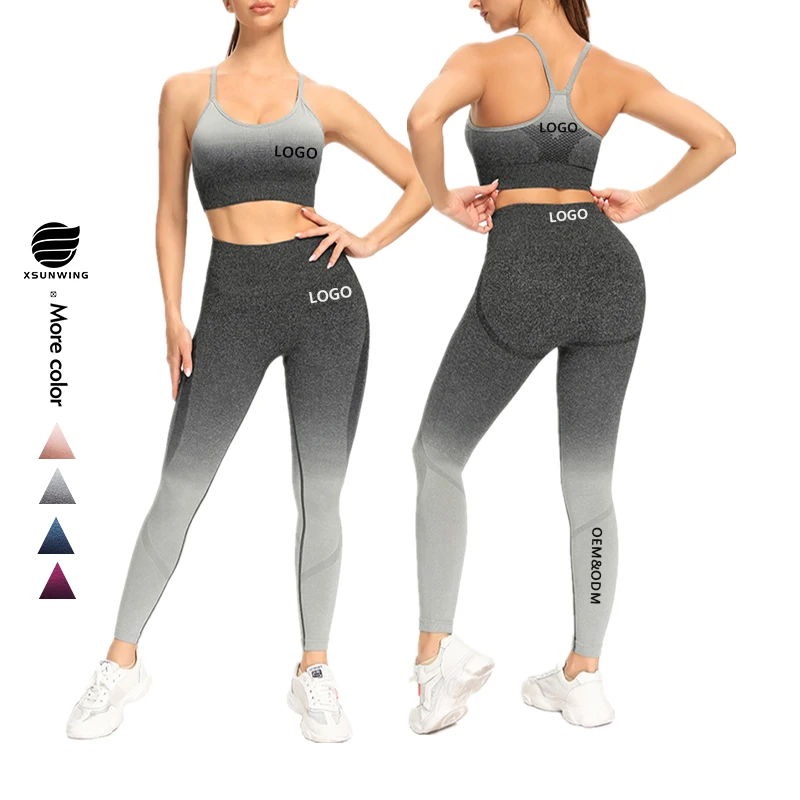 Xsunwing Custom LOGO Gradient Seamless Yoga Sets Athletic Wear Workout Clothing Stretchy Sports Bra Pants 2pc Activewear WHQ998