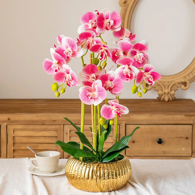 Home Decor Phalaenopsis Artificial Flower Orchid Fake Flower Plant in Gold Pot