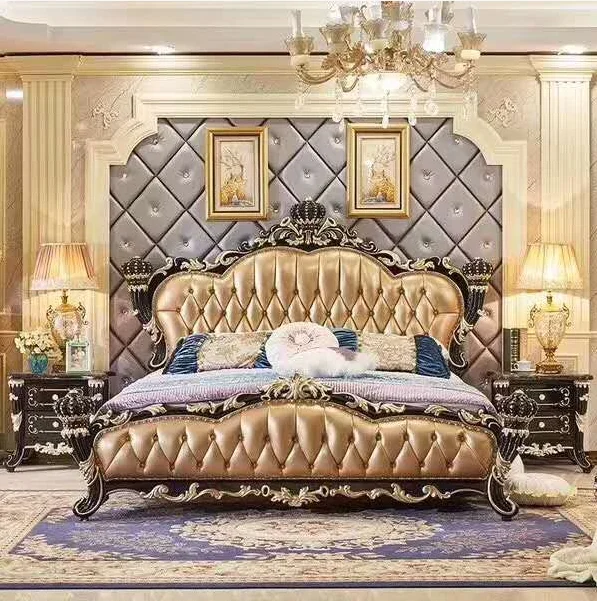 
European Italian antique furniture wooden genuine leather royal bedroom set for big house 