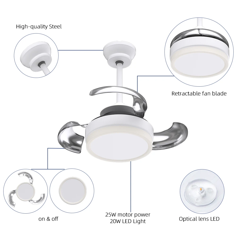 Ceiling fan with led light 24W 220v DC motor 3 color memory retractable blades 6 speeds remote control smart ceiling fan light