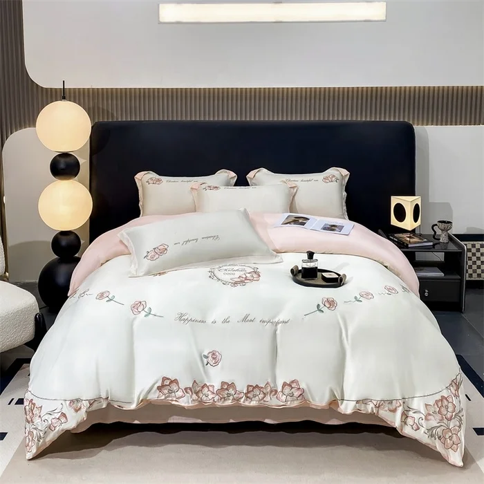 New Luxury Princess Style Tencel Floral Bedding Sets Duvet Cover Set Modern Silk-like Bedding Sets Queen King Size 4Pcs