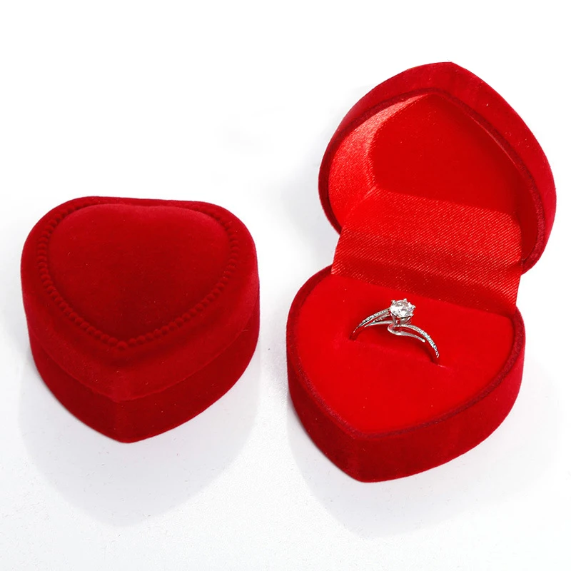 Оптовая продажа с фабрики, красная бархатная коробка для ювелирных изделий в форме сердца для кольца с кристаллами