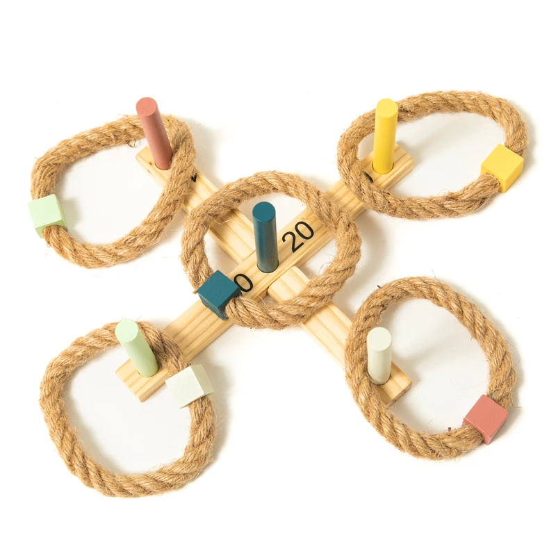 Custom kids interactive lawn rope throwing wooden ring toss game set toy