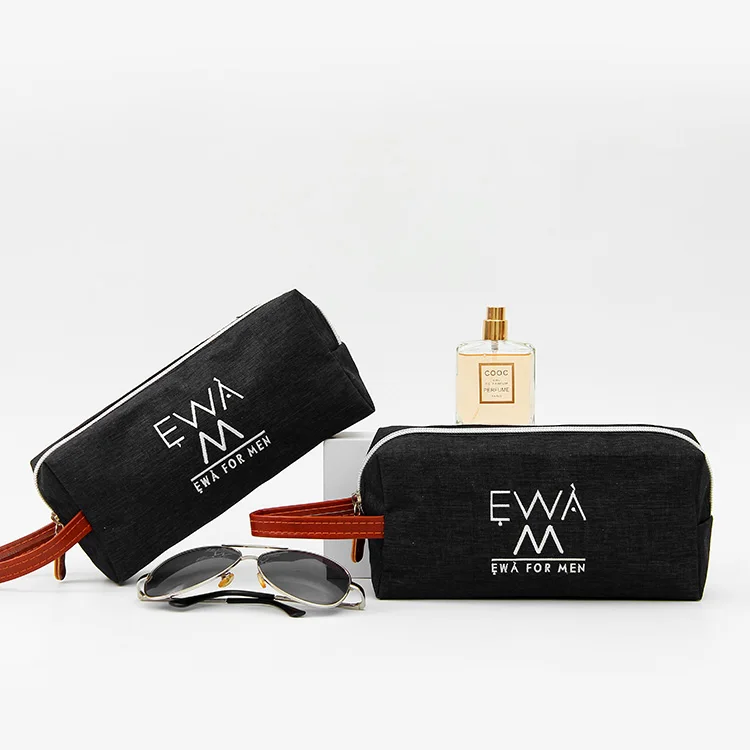 custom function business square man toiletry travel  makeup case unisex sports embroidery logo black polyester mens cosmetic bag