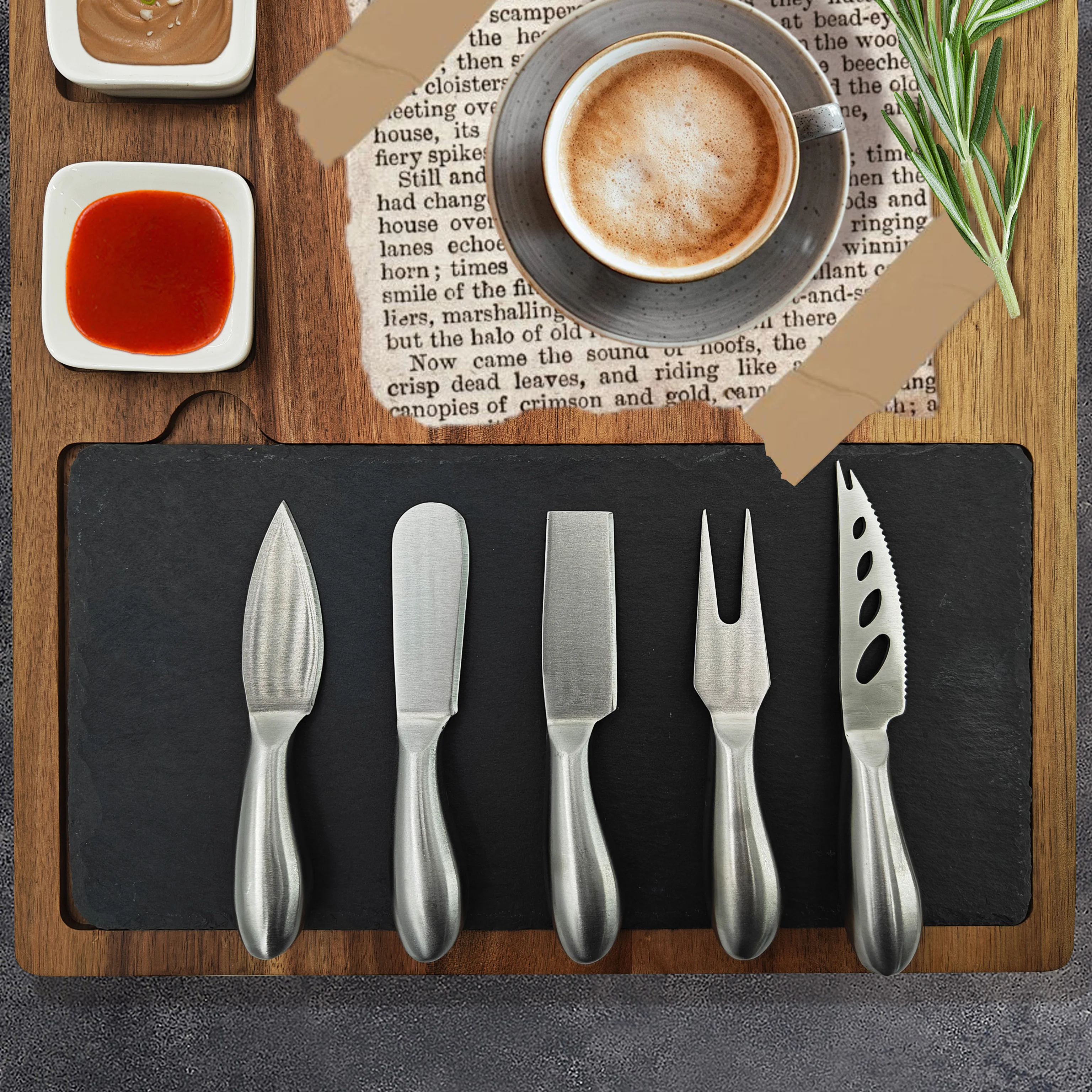 High Quality Acacia Wood Cutting Board Set Large Wooden Charcuterie Cheese Board and Utensil Set with 3 Ceramic Dishes