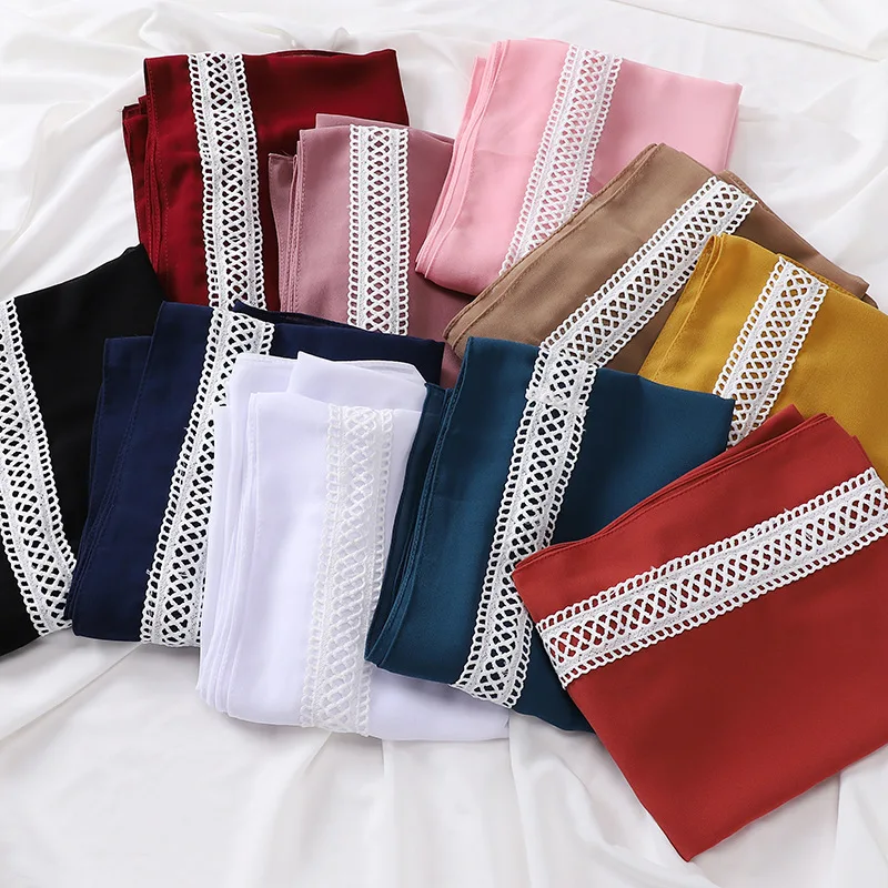 New Trendy Flower Embroidery Scarf Muslim Hijab For Women Headscarf With White Lace Edge