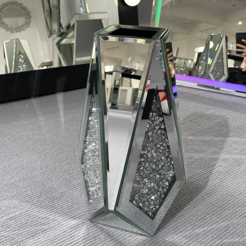 Modern Luxury Crystal Crushed Diamond Decorative Glass Mirror Vase Home Decor Wedding Design Hotel Flower Arrangement Vase