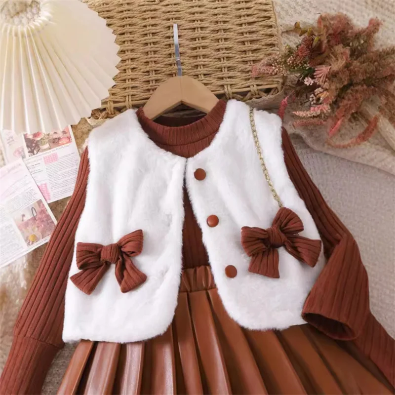Ms-283 Baby Toddler Girl Clothes Fall Winter 2-3 Years Outfits Child Tops+Fur Vest+Skirts 3 Piece Kids Clothing Sets for Girls