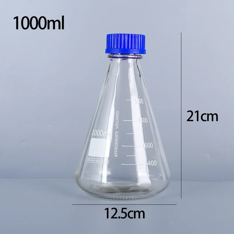 High quality 500ml 1000ml clear glass flat-bottomed conical laboratory flask 1L chemical reagent bottle with blue screw cap