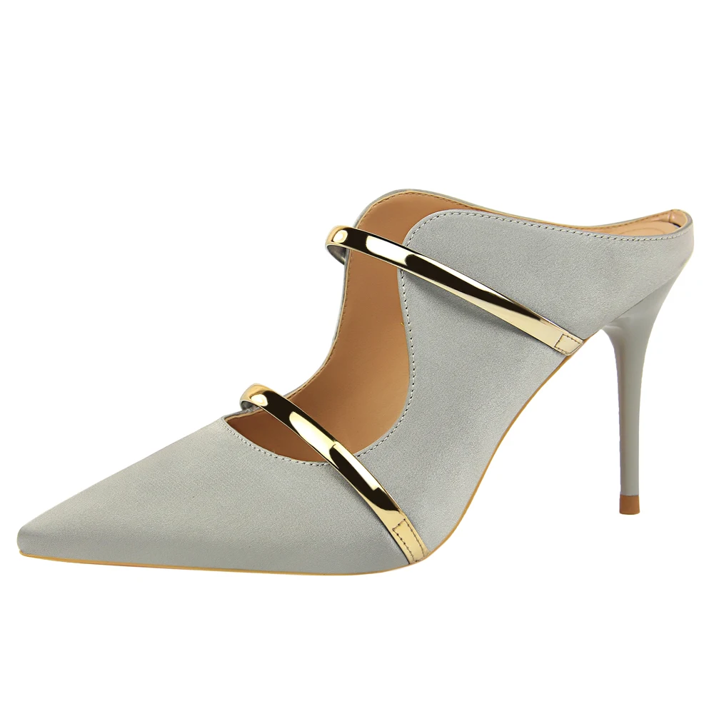 1788-2 пикантные женские сандалии в европейском и американском стиле на шпильке атласные открытые металлические тапочки с острым носком