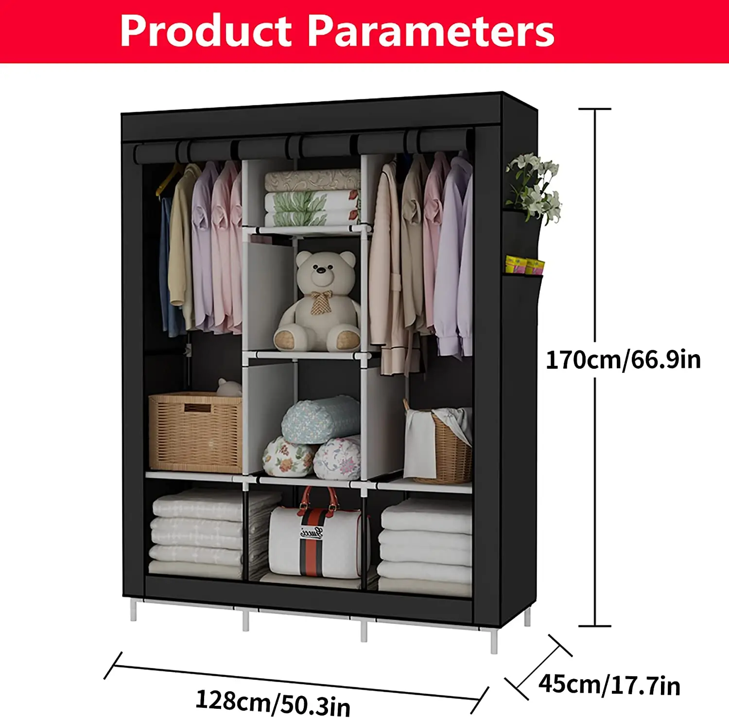 Removable Clothes Storage Non Woven With 6 Storage Shelves Hanging With Two Positions Portable Wardrobe
